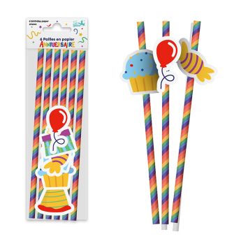 6 pailles médaillons en papier - Collection Récréation Multicolore