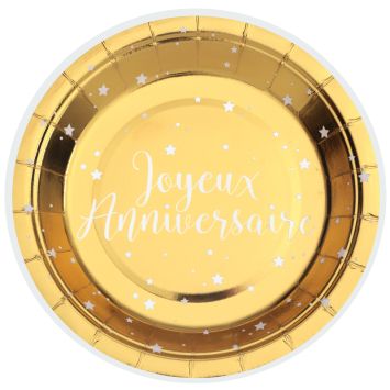 10 assiettes dorées "Joyeux Anniversaire" en carton - Diamètre 17,5 cm