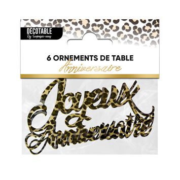 6 confettis de table "Joyeux Anniversaire" en carton - 5 x 9 cm - Collection Léopard