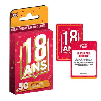 Boîte de jeu de cartes quiz anniversaire 18 ans avec 50 questions de culture générale pour animer une soirée | jourdefete.com