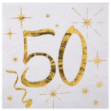 20 Serviettes en Papier Anniversaire - Blanc et Or - 50 ans | jourdefete.com