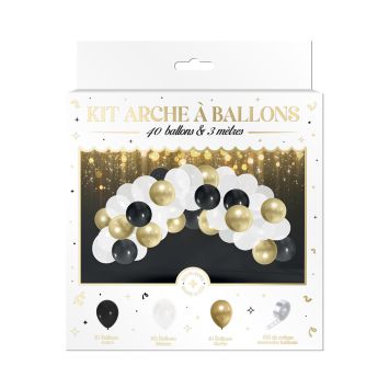 Kit arche de 40 ballons noir blanc et doré avec ruban d'accroche de 3 mètres pour fête du Nouvel An | jourdefete.com