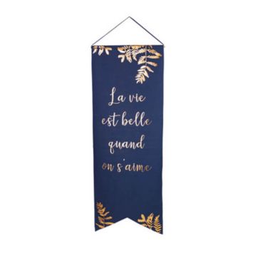 Tenture en Lin - La Vie est Belle quand On S'Aime - Bleu et Cuivre | jourdefete.com