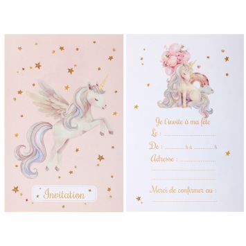 6 cartes d'invitation en carton - 10 x 15 cm - Collection Licorne Magique