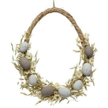 Couronne d'œufs de Pâques en mousse et de fleurs séchées - 35 cm | jourdefete.com