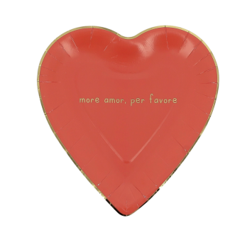 Assiettes rouges en forme de cœur avec inscription dorée "More Amor, Per Favore" | jourdefete.com