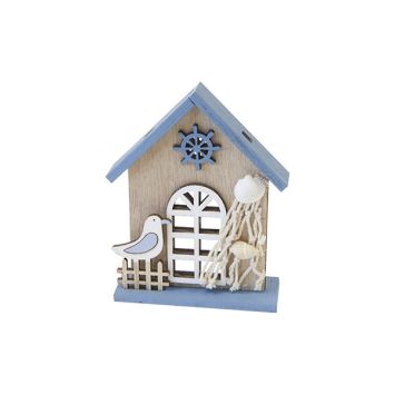 Décoration à poser en bois - Maison avec mouette, filet et coquillages - Collection Mer