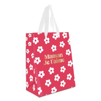 Sac pochette cadeau rouge Maman je t’aime avec fleurs blanches | jourdefete.com