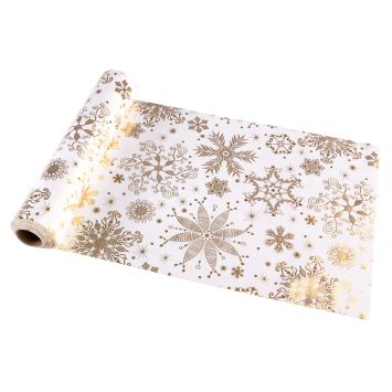 Chemin de table de Noël blanc avec flocons dorés en velours - 28 cm x 3 m