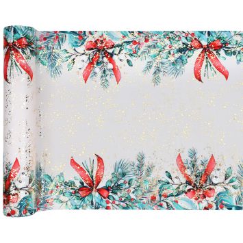 Chemin de table de Noël décoré de gui, baies rouges, nœuds et paillettes dorées | jourdefete.com