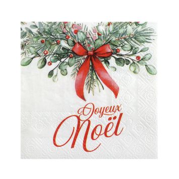 Serviette en papier Noël avec inscription "Joyeux Noël" en rouge, décor de gui, houx, eucalyptus et nœud rouge | jourdefete.com