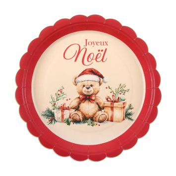 10 assiettes "Joyeux Noël" en carton - Noël - Diamètre 23 cm - Collection Teddy de Noël