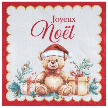 20 serviettes "Joyeux Noël" en papier - Noël - 33 x 33 cm - Collection Teddy de Noël