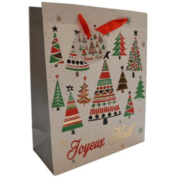 Sac cadeau de Noël en papier - Joyeux Noël avec sapins - Taille M