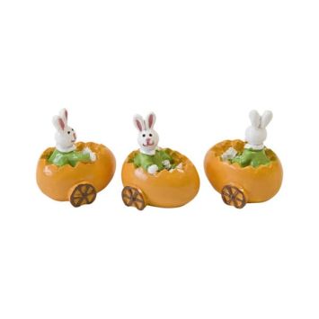 3 décorations à poser pour Pâques - Lapins dans voiture-carotte en résine - 3,7 x 3 x 2,4 cm