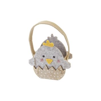 Panier en forme de poussin dans coquille en feutrine et bois - 12,5 x 13 x 6,2 cm - Pâques