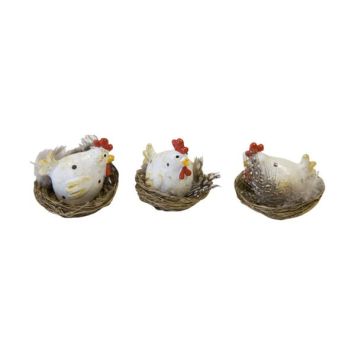 3 décorations à poser pour Pâques - Poules blanches en résine dans leurs nids - 3,5 x 3,5 x 3,5 cm