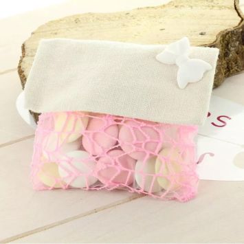 5 Pochettes à dragées jute et tulle rose