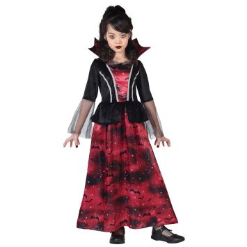 Longue robe de vampire gothique rouge et noire pour fille avec col montant pour la fête d'Halloween | jourdefete.com