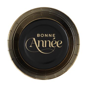 10 assiettes "Bonne Année" en carton - Réveillon du Nouvel An - Diamètre 18 cm - Collection Réveillon Noir et Or