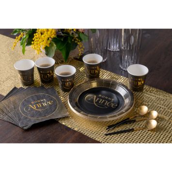 10 assiettes "Bonne Année" en carton - Réveillon du Nouvel An - Diamètre 18 cm - Collection Réveillon Noir et Or