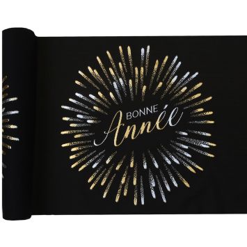 Chemin de table noir et feux d'artifice or et argent Bonne Année pour réveillon de la Saint-Sylvestre | jourdefete.com