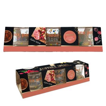 Coffret Apéro avec 3 ramequins en verre décorés et 3 planches à tapas en bois | jourdefete.com