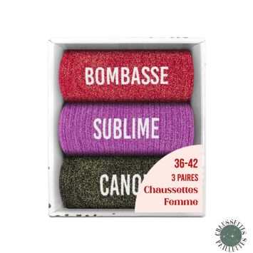 Coffret Trio de chaussettes à paillettes pour femme - Bombasse, Sublime et Canon - Collection Famille d'Amour