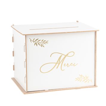 Urne en bois blanc et doré élégante avec inscription "Merci" | jourdefete.com