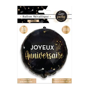 Ballon métallique noir et doré "Joyeux Anniversaire" pour fête élégante | jourdefete.com