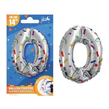Ballon chiffre métallique argenté avec confettis et étoiles multicolores pour décoration d'anniversaire enfant, taille 36 cm | jourdefete.com