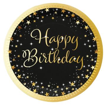 Assiettes anniversaire adulte Happy Birthday noir et or 23 cm lot de 8 | jourdefete.com