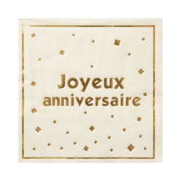 Serviettes en papier blanches avec inscription Joyeux anniversaire et confettis carrés en or métallisé | jourdefete.com