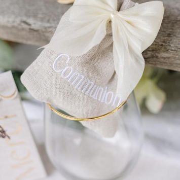 4 pochons "Communion" en tissu avec effet lin - 9,5 x 11,5 cm