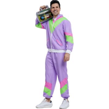 Homme déguisé en tenue rétro années 80 avec un survêtement fluo violet | jourdefete.com