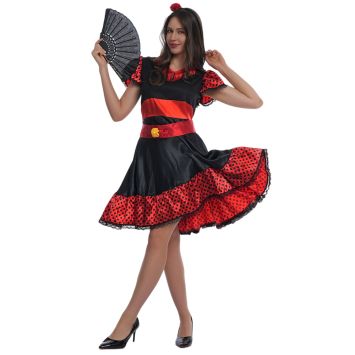 Déguisement Flamenco Espagnol femme noir et rouge avec éventail | jourdefete.com