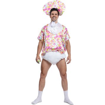 Costume d’adulte bébé avec couche, bavoir et bonnet humoristique | jourdefete.com