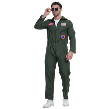 Homme en combinaison de pilote de chasse verte avec écussons | jourdefete.com