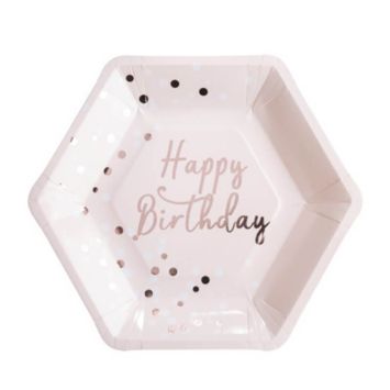 Sachet de 8 assiettes hexagonales "Happy Birthday Rose Gold"