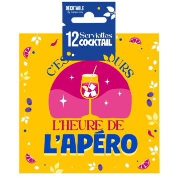 Serviettes cocktail jaunes "C'est toujours l'heure de l'Apéro" avec motif de verre et fruits | jourdefete.com