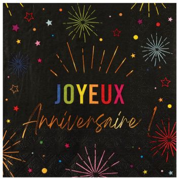 12 serviettes "Joyeux Anniversaire" en papier - 33 x 33 cm - Collection Festicolor - Couleur au choix