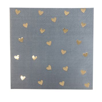 Serviettes cocktail en papier bleu orage et or avec motifs cœurs dorés | jourdefete.com