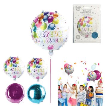 2 ballons ronds en aluminium joyeux anniversaire verso bleu ou rose au choix
