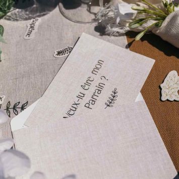 2 cartes "Veux-tu être ma marraine / mon parrain" avec enveloppes en papier - 15 x 10 cm - Collection Baptême Effet Lin et Or