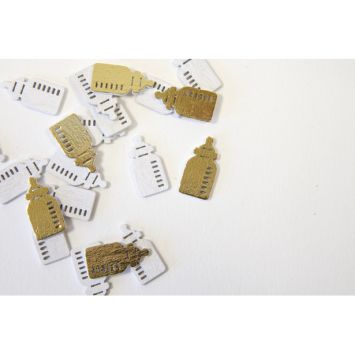 20 biberons blancs et dorés avec aspect métallisé en bois à parsemer