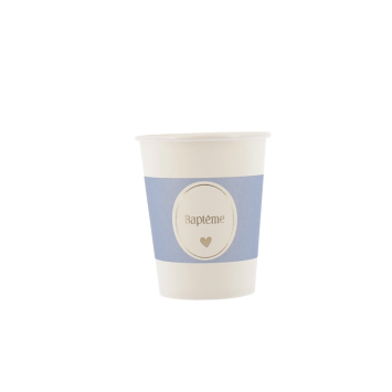 Gobelets en carton blanc et bleu orage "Baptême" doré | jourdefete.com
