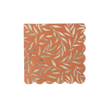 Serviettes en papier terracotta et or avec motifs feuillages dorés et bord festonné | jourdefete.com