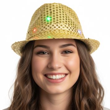 Chapeau LED à sequins or avec lumières multicolores pour fête | jourdefete.com