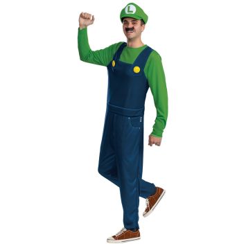 Costume Luigi adulte Super Mario avec combinaison verte et bleue, moustache adhésive et casquette verte | jourdefete.com