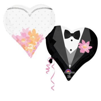 Double Ballon à Hélium - Coeur - Mariés "Monsieur" et "Madame"
